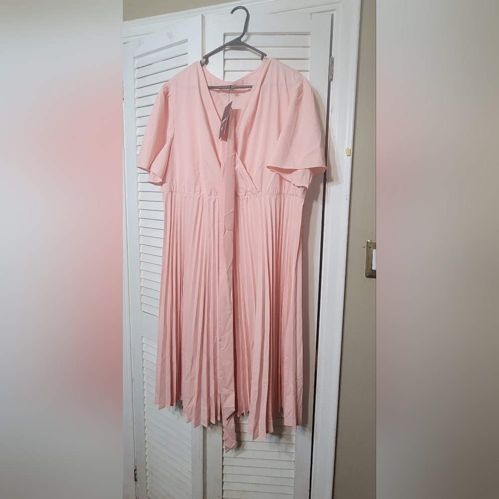 Pink Women's Short Sleeve Pleated A Line Midi Dress 3xl